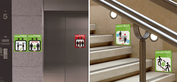 Stickers voor signalisatie corona maatregelen betreffende trap en lift gebruik