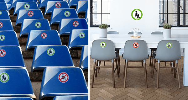 Zit instructies. Houd voldoende afstand tussen de bruikbare stoelen.  Met deze stickers, geschikt voor meubilair, kunt u op een eenvoudige manier een aanduiding maken.  De kleefbanden die vele gebruiken laten agressieve lijmsporen na. 